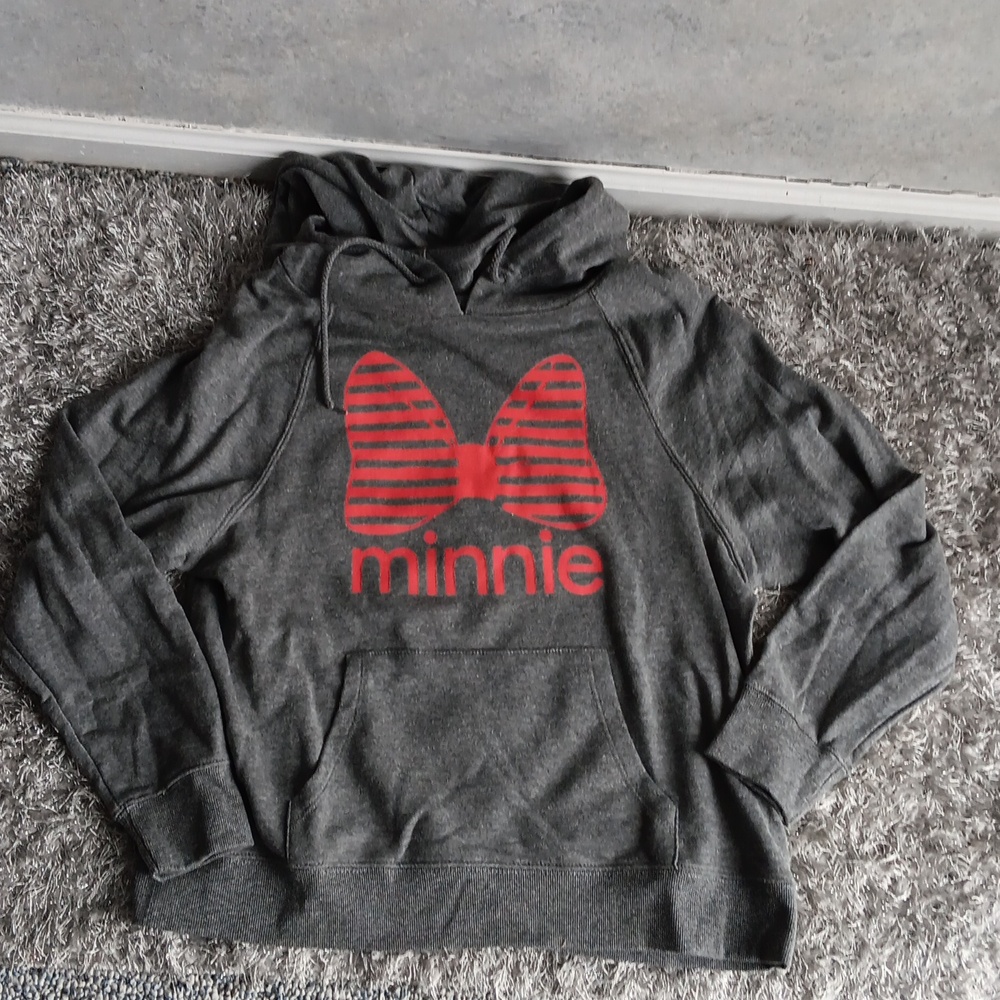 Gray hooded sweatshirt with " minnie" on the front